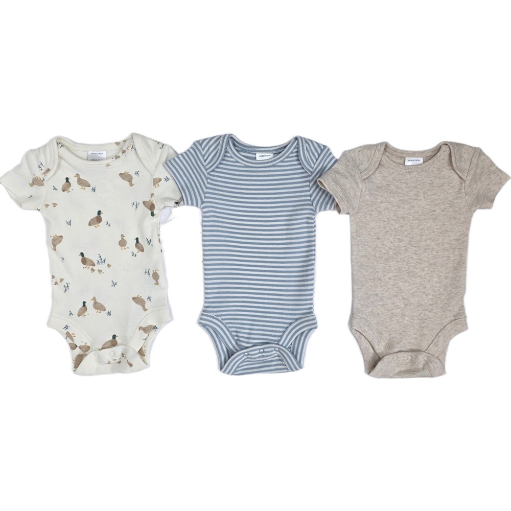 NWT Nordstrom Newborn 3PC Onesie Set Duck Stripe Oatmeal 100% Cotton
